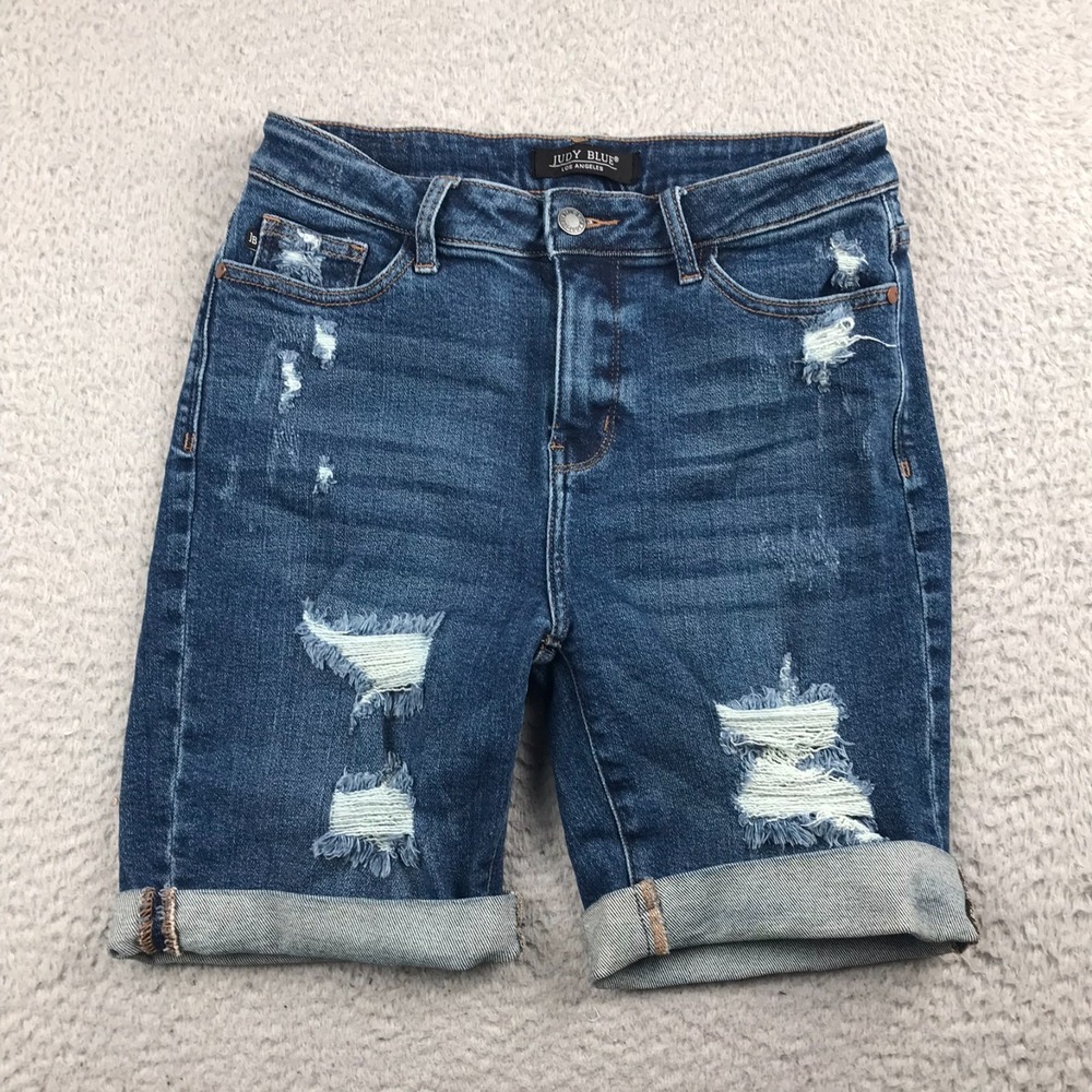 Judy Blue Bermuda Jean‎ Shorts Womens M Distressed 7" Cuffed Stretch Denim